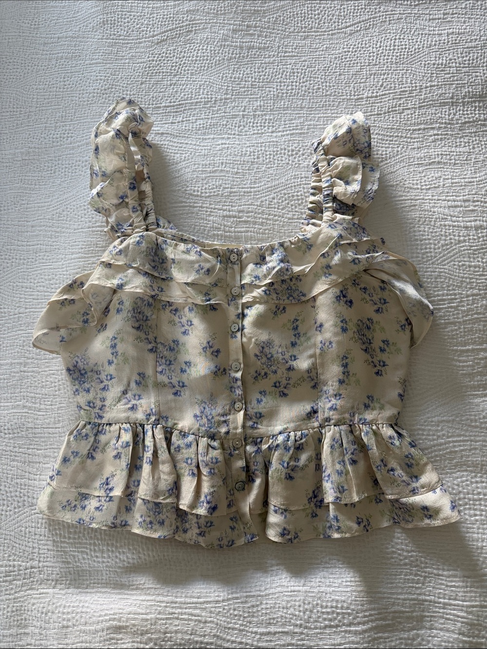 LoveShackFancy Cream Crop Top with Blue Floral Print